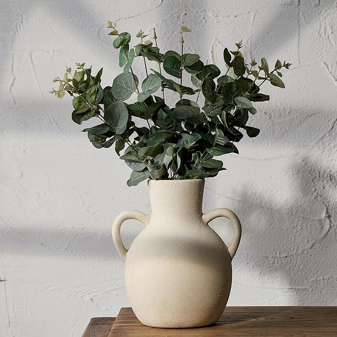 SIDUCAL Rustic Ceramic Farmhouse Flower Vase with 2 Handles, Terracotta Vase, Decorative Pottery Flower for Home Decor, Table, Wedding, Living Room, Shelf Decor, 7.3 Inch, White