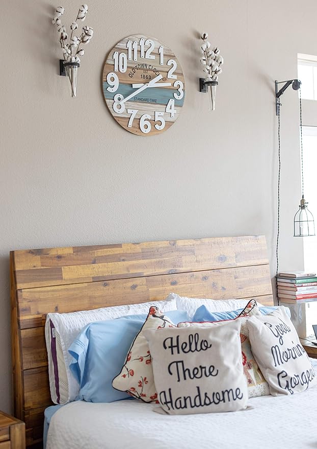 24" Wooden Multi-Color Maritime Coastal Beach Large Number Wall Clock (Blue, 24 inch)