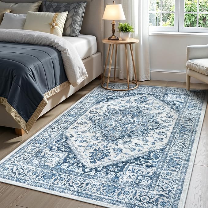 LIVEBOX Blue Washable Area Rug 5x7 - Large Vintage Tribal Living Room Non-Slip Indoor Carpet for Bedroom, Low-Pile Retro Print Distressed Accent for Nursery Entryway Office