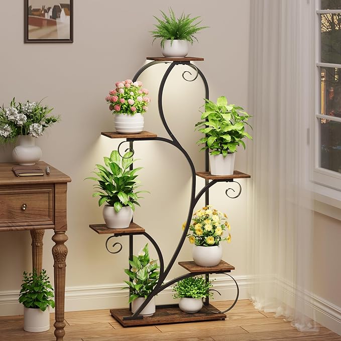 Plant Stand Indoor with Grow Lights, 6 Tiered Arched Plant Shelf, Metal Corner Shelves Display Rack Flower Stand for Living room, Patio
