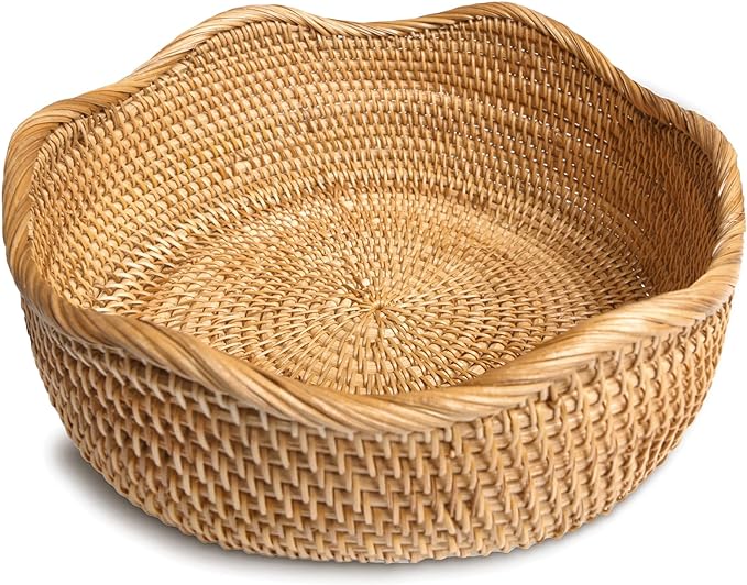 HITOMEN Handmade Rattan Bread Baskets Round Wicker Fruit Serving Storage Bowls, Natural Woven Decorative Kitchen Counter Organizing (Honey Brown) L-11.5"
