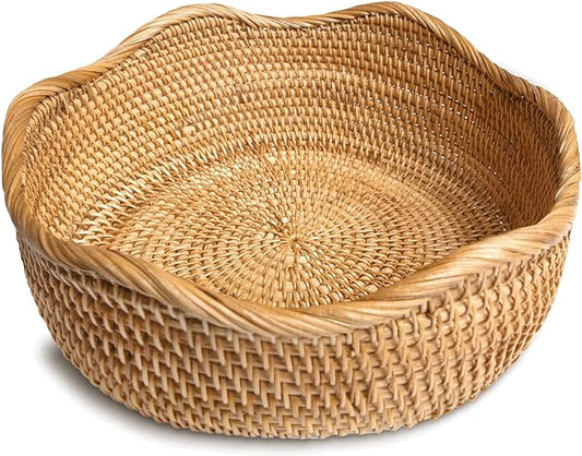 HITOMEN Handmade Rattan Bread Baskets Round Wicker Fruit Serving Storage Bowls, Natural Woven Decorative Kitchen Counter Organizing (Honey Brown) L-11.5"