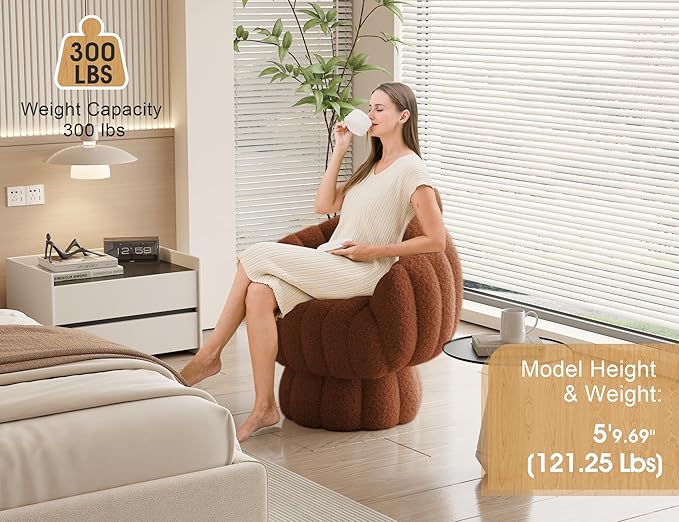 Mid Century Modern 360 Degree Barrel Swivel Accent Sofa Chair,Fluffy Sherpa Fabric Lounge Wide Upholstered Pumpkin Reading Chair, Round Cloud Armchair for Living Room,Bedroom,Vanity(Burnt Orange)