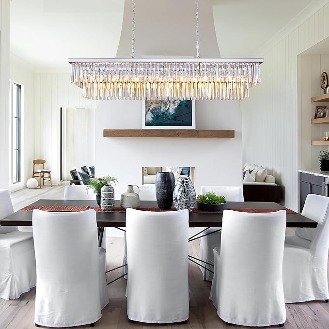 Wellmet Chrome Chandelier 57 inch, 13-Light Modern Rectangular Crystal Chandelier Ceiling Hanging, Linear Chandeliers Light Fixture for Living Room, Dining Room, Bedroom, Kitchen Island