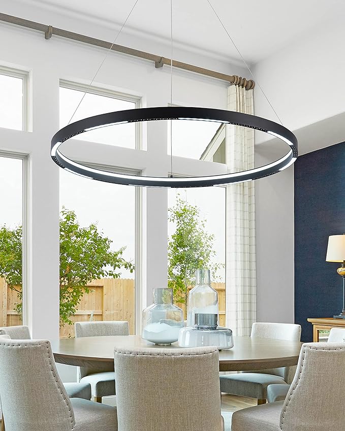 Led Ring Chandelier,Ring Light Chandelier Modern Pendant Light,1 Circular Chandelier Dimmable Hanging Led Pendant Lighting for Living,Dining Room Kitchen Island 23.6" 3000-6000K Black