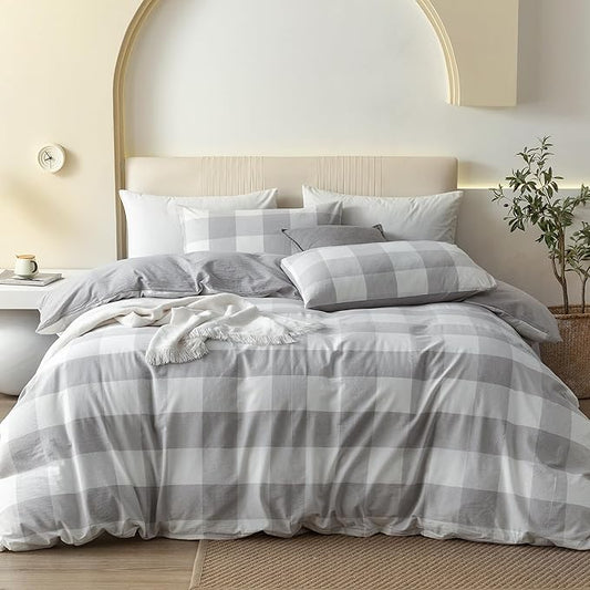 JIYUAN 100% Washed Cotton Duvet Cover Set 3 Pieces King, 1 Duvet Cover 104x90 Inches(Comforter Not Included) and 2 Pillowcases,Linen Feel Bedding Set Comfy and Breathable, Heathered Plaid Grey