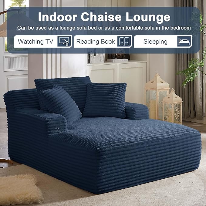GNIXUU Oversized Chaise Lounge Chair Indoor, Comfy Fluffy Lounge Sofa Upholstered Sleeper Sofa Couch with Throw Pillows and Armrests, Corduroy Plush Cloud Chair for Living Room, Blue