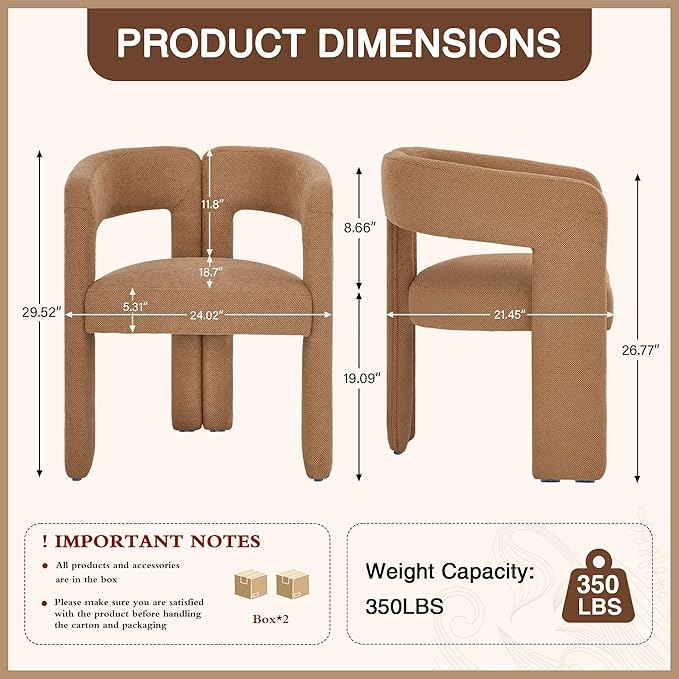 Modern Barrel Dining Chairs Set of 2, Upholstered Linen Dining Room Chair with Wooden Legs, Accent Chairs for Kitchen/Dining Room/Living Room, Brown