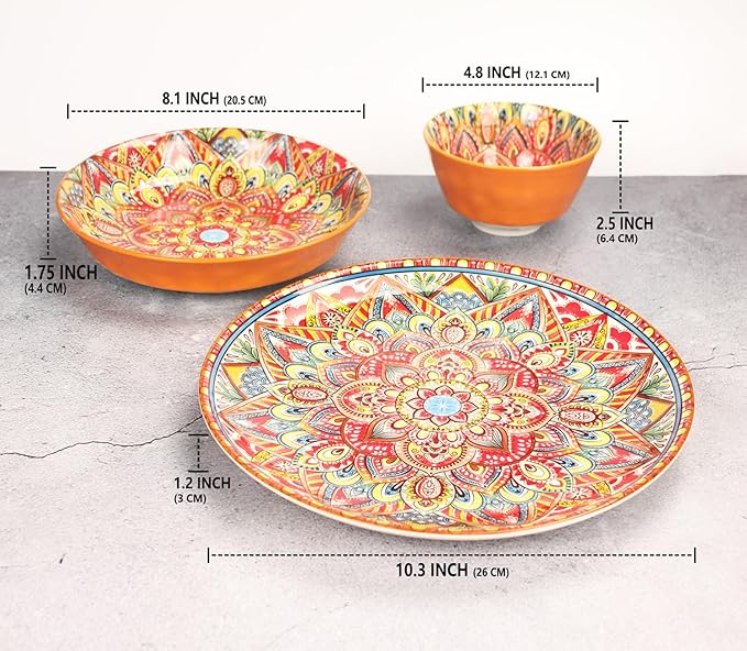 YA JU Mandala Dinnerware Sets (12 Pcs) Serves 4, Buffet Dinnerware, Boho Plates and Bowls Dish Set with 8" salad Plate 10" dinner Plate 4.8" bowl, apply Casual dining Indoor Outdoor Dining Part