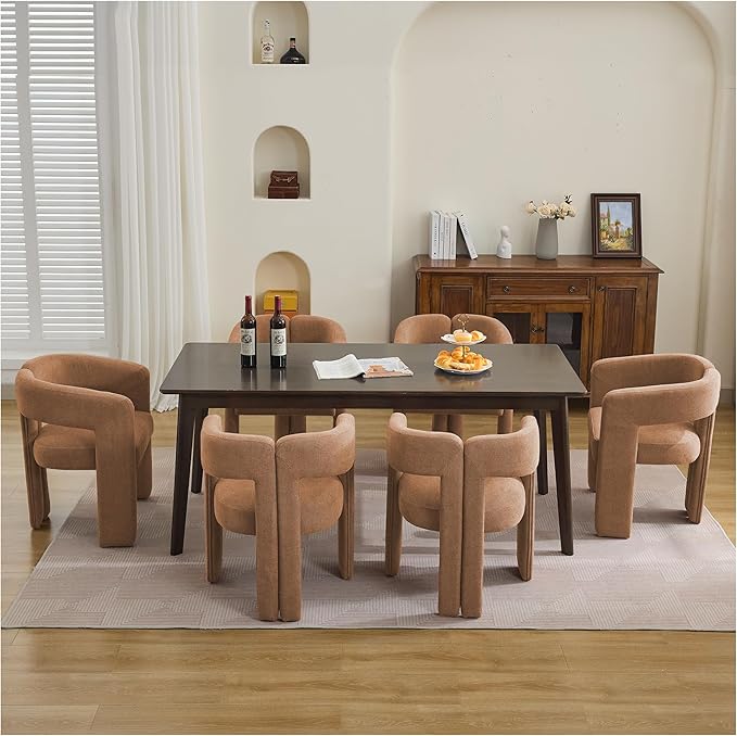 Modern Barrel Dining Chairs Set of 3, Upholstered Linen Dining Room Chair with Wooden Legs, Accent Chairs for Kitchen/Dining Room/Living Room, Brown