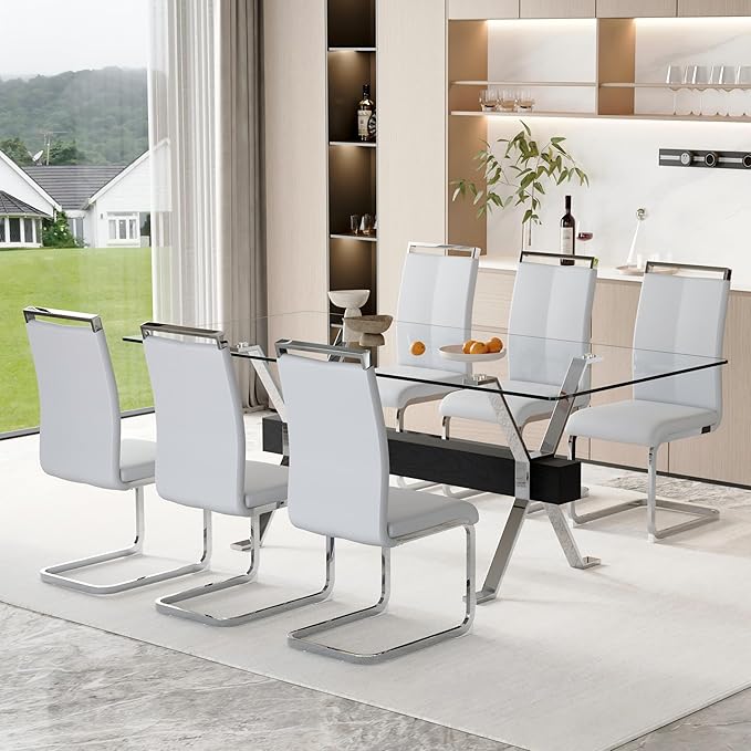 7 Piece Glass Dining Table Set, 79" Modern Dining Table Set for 6, 0.5" Thick Tempered Glass Tabletop with Silver Chrome Metal Legs and Black Crossbar, 6 PU Chairs for Dining Room, Kitchen
