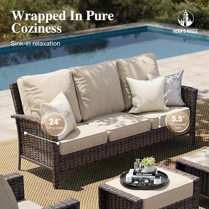 HERA'S HOUSE High Back Patio Furniture Set with Swivel Chairs, Outdoor Wicker Conversation Sets with 5.5" Comfy Cushions, 4 Piece Outside Sofa Sets, Beige