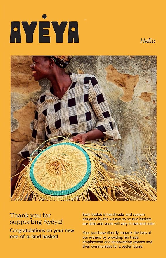 AYÉYA Handwoven African Basket – Flattened Market Style – Artisan Wicker Basket with Leather Handles – Unique Re-shapable Tote for Garden, Shopping, Storage – Handmade in Ghana