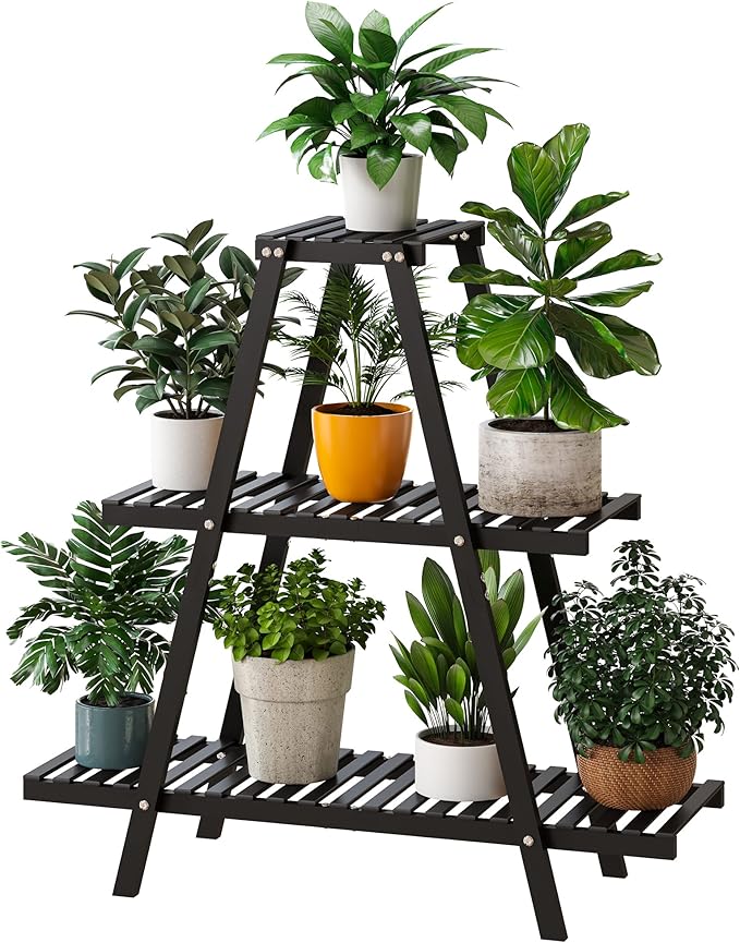 Bamboo Plant Stand Indoor/Outdoor, 3-Tier, Black, Rectangular, 8 Potted Flower Holder Ladder Plant Rack