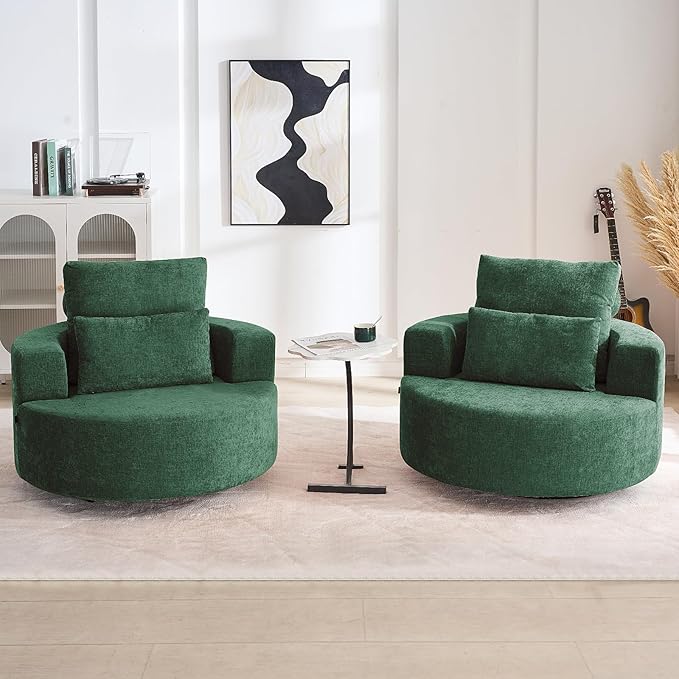 Furnimart 40" Oversized Barrel Accent Chair Set of 2, 360° Swivel Round Upholstered Sofa, Chenille High-Resilience Sponge, No Assembly, Wide Seat for Living Room, Bedroom, Apartment (Green)