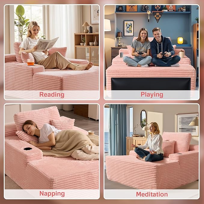 Chaise Lounge Chair Indoor, 67" Oversized Comfy Plush Fur Sleeper Sofa Bed with Cup Holders and Wide Armrests, Boneless Upholstered Recliner Bed, Modern Cloud Couch for Living Room, Pink