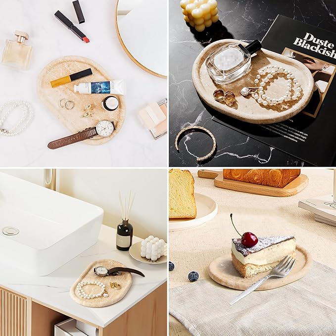 Natural Travertine Tray, Special-Shaped Jewelry Tray, Marble Ring Dish for BathroomCountertop, Nightstand,Dressing Table, Bedside Table, Home Decor, Beige(Middle)(NS025)