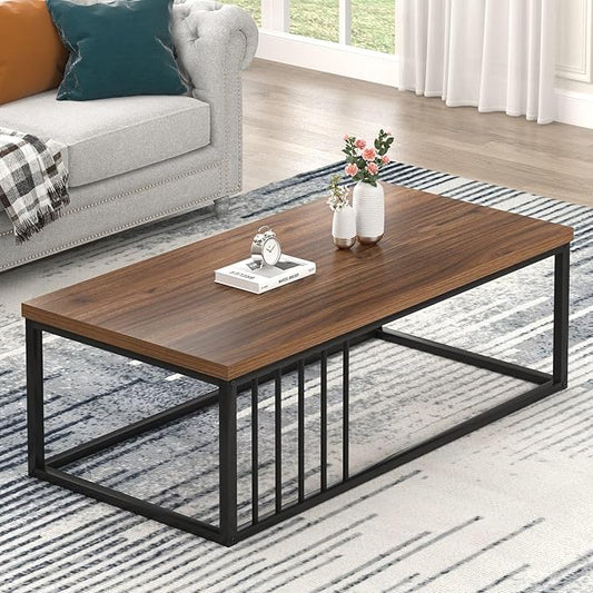 FOLUBAN Coffee Table for Living Room, Modern Wood and Metal Center Table Tea Table for Home Office, Rustic Walnut, 43.3 Inch