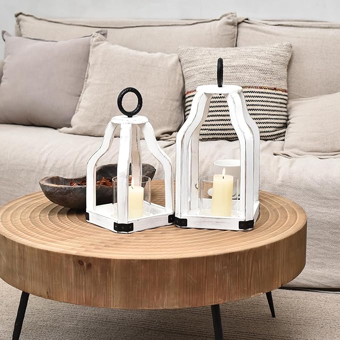 SWALLOWLIVING Rustic Farmhouse Wood Candle Hurricane Lantern with Glass Candlestick Holder for Patio, Table Centerpiece, White, Set of 2