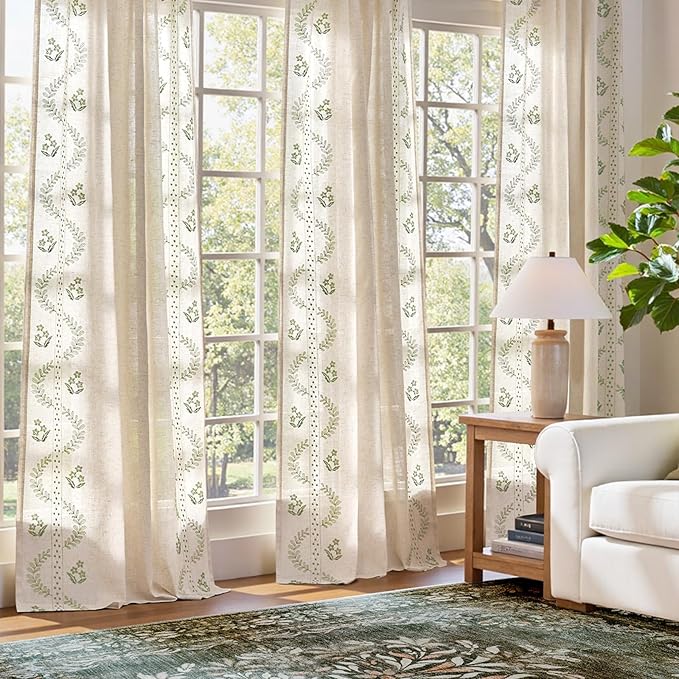 jinchan Belrose Linen Curtains for Bedroom Floral Curtains 90 Inch Length Linen Blend Sage Green Embroidered Drapes Farmhouse Flower Patterned Drapes for Living Room Window Treatments Set 2 Panels