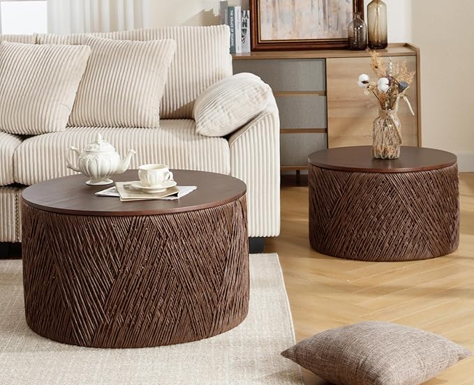 chairus Nesting Coffee Table Set of 2 Woven Round Coffee Table with Storage Solid Wood Side Table for Small Spaces, Living Room, Bedroom, Office, Dark Brown