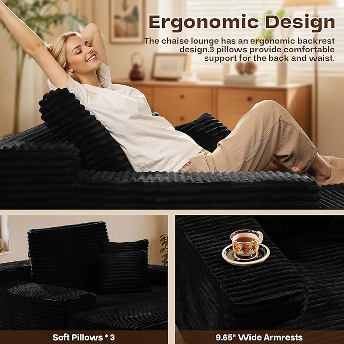 Chaise Lounge Chair Indoor, Oversized Sleeping Couch 67" L * 48.5" W Assembly Free Modern Minimalist Sofa, Extra Deep Large Single Seat Sofa for Living Room (Black Plush Fabric)