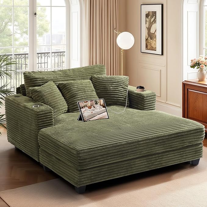 HUSFU 60'' Oversized Chaise Lounge Chair, Upholstered Sofa Bed, Sleeper Couch Reading Chairs with USB Port and Cup Holders,Comfy Cloud Sofas Couches for Living Room,Green