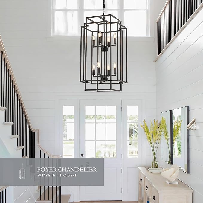 8-Light Lantern Tiered Pendant Light Fixtures, Black Metal Farmhouse Chandelier Hall Foyer Hanging Chandelier for Kitchen Island Dining Room Living Room Foyer Entryway, Black