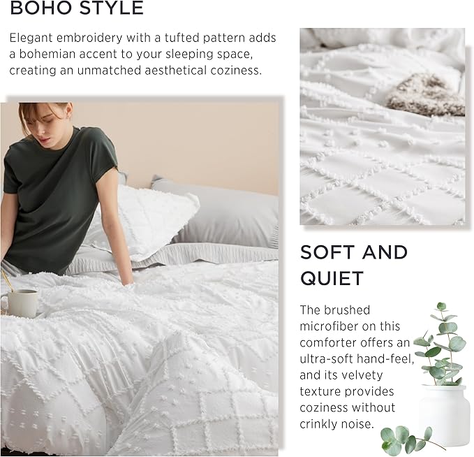Bedsure Twin Comforter Set - White Boho Twin Comforter, Shabby Chic Dorm Bedding Set for Kids, 2 Pieces Modern Farmhouse Bed Set, Includes 1 Pillow Sham
