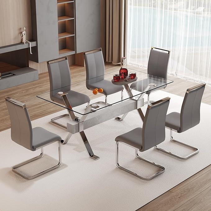 7 Piece Glass Dining Table Set, Kitchen Table Chairs Set for 6, 71'' Dining Table with 0.4" Tempered Glass Tabletop with Plated Metal Legs and MDF Crossbar, 6 PU Chairs for Dining Room, Kitchen.