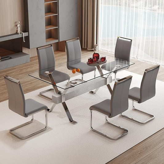 7 Piece Glass Dining Table Set, Kitchen Table Chairs Set for 6, 71'' Dining Table with 0.4" Tempered Glass Tabletop with Plated Metal Legs and MDF Crossbar, 6 PU Chairs for Dining Room, Kitchen.