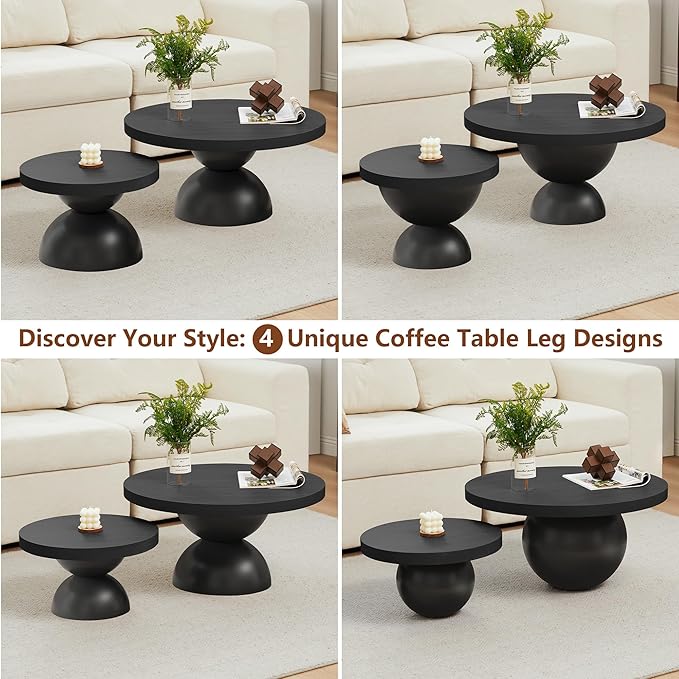 Solid Wood Round Nesting Coffee Table Set of 2, Circle Accent Tables with Unique Semi-Circular Legs, Mid Century Modern Side End Table Set for Small Space Living Room Office (Black)