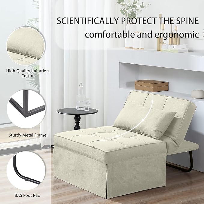BIGSYY Sofa Bed, 4 in 1 Multi-Function Folding Ottoman Breathable Linen Couch Bed with Adjustable Backrest Modern Convertible Chair for Living Room Apartment Office, White