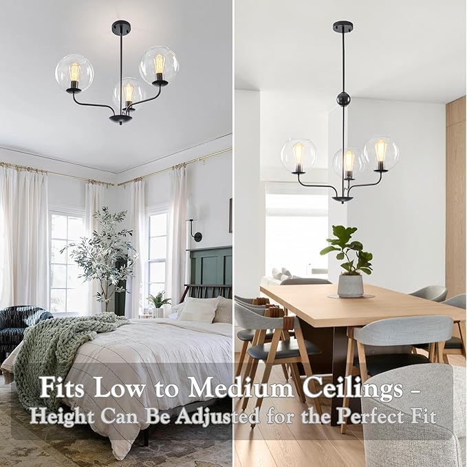3-Light Modern Globe Cluster Pendant Lighting Chandelier with Clear Glass Spheres and Black Metal Frame