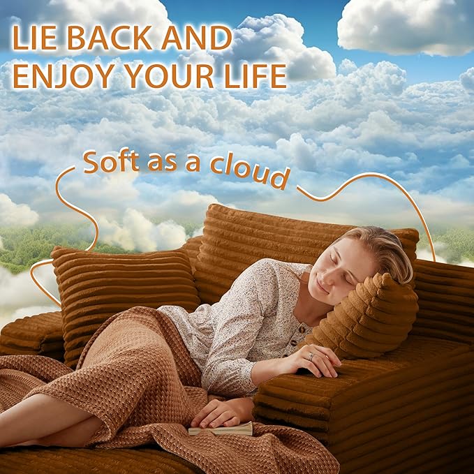 Boneless Couch Sofa Chiar Chaise Lounge Chair Indoor Upholstered Corduroy Couch Cloud Sleeper Sofa Oversized Reading Chair for Living Room No Assembly Required (Orange, 50" W x 80" D)