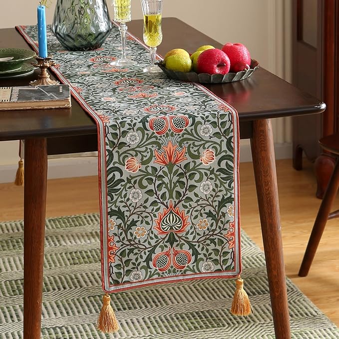 Designer French Green Elegant Linen Table Runner 71 Inches Long,Colorful Flower Pattern Soft Table Runners for Dining Tables,Thanksgiving,Kitchen Tables,Christmas,12"*71"-Naples B