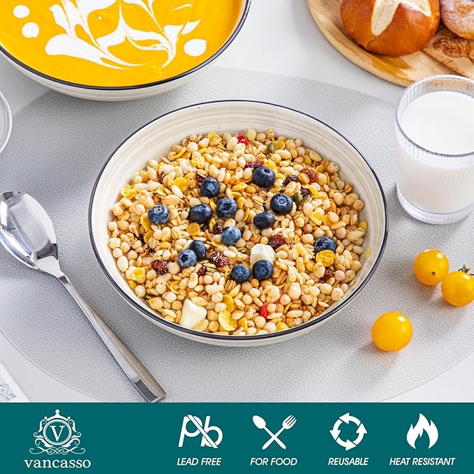 vancasso Bonbon Pasta Bowls Set of 6, 38 Oz Ceramic Salad Bowls, Wide and Shallow Bowls Set, Large Serving Bowls for Kitchen, Beige