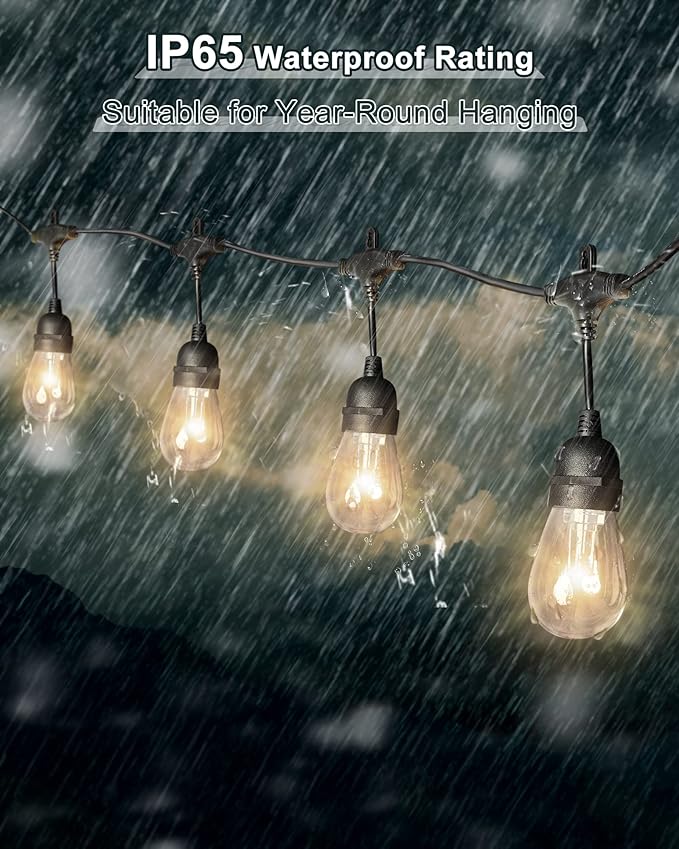 GANA Outdoor String Lights for Patio 48FT 2200K 12V Safety Voltage, LEDs with High CIR, 15 E26 Hanging Sockets, Shatterproof S14 Plastic Bulbs, IP65 Waterproof for Garden, Terrace, Outside