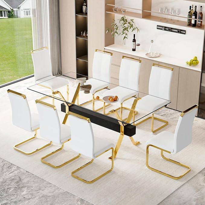 9 Piece Glass Dining Table Set, 79" Modern Dining Table Set for 8, 0.5" Thick Tempered Glass Tabletop with Gold Chrome Metal Legs and Black Crossbar, 8 PU Chairs for Dining Room, Kitchen
