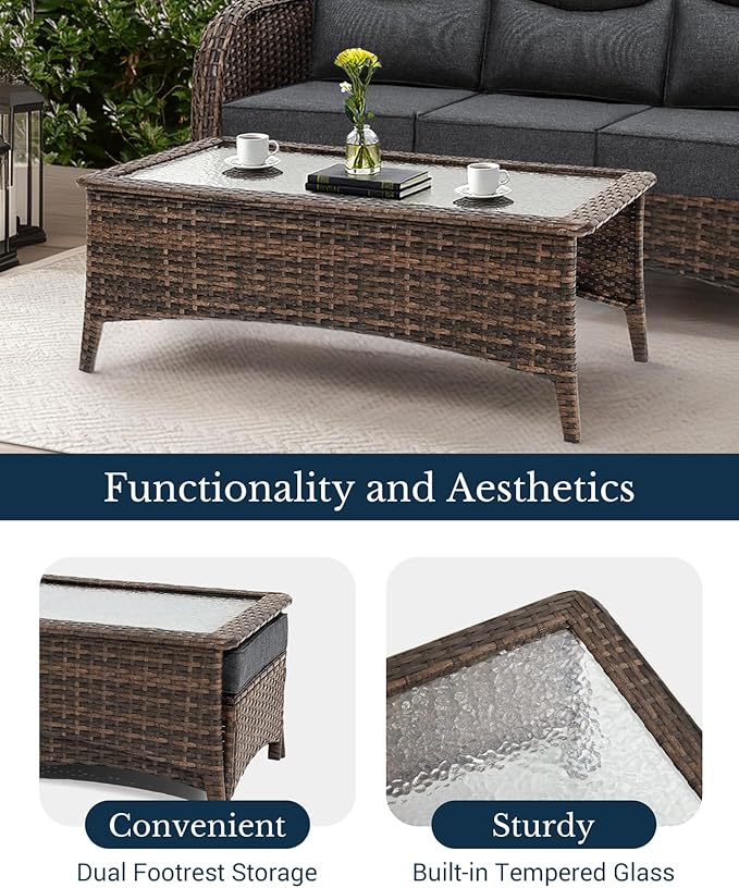 HILLGA Luxury High Back Patio Furniture Set with 6-Inch Thick Cushion, 6-Piece Outdoor Conversation Set with Sofa, Swivel Rocker Chairs & Ottomans, Ideal for Porch Pool Deck Yard (Dark Grey)