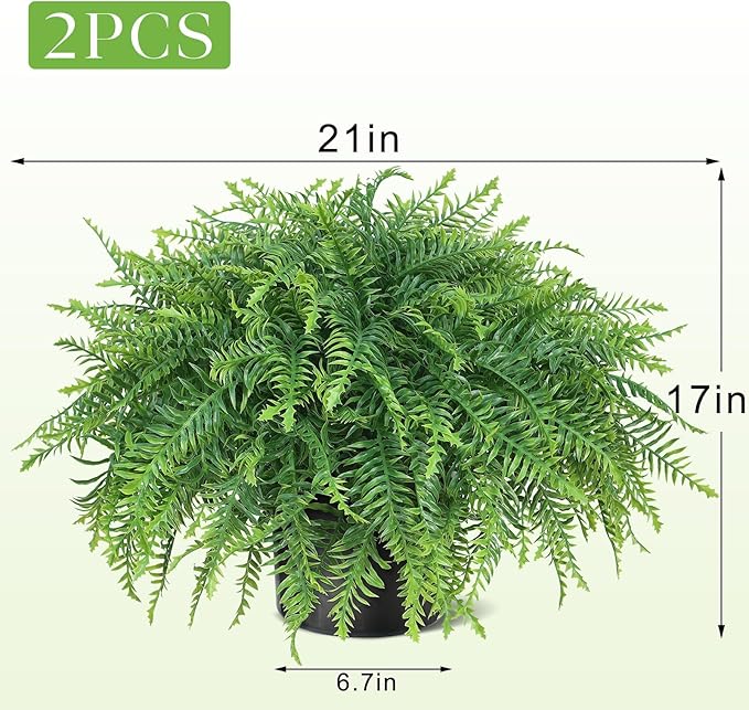 21" Artificial Ferns Plants Topiary - 2 Set for Front Porch Decoration,Fake Boston Fern Potted Plants Faux Greenery Bush UV Resistant for Outdoor Indoor Door Garden Farmhouse Home Decor (Green)
