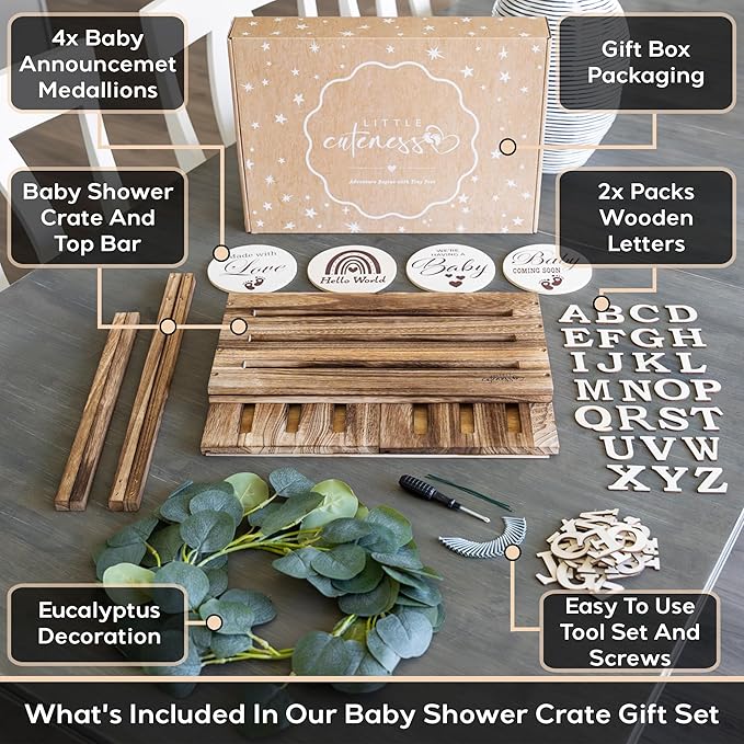 Wooden Baby Shower Crate Closet - Customizable Wooden Crate Box with Dual Rod System, Personalized Baby Shower Basket Alphabet Letters, Easy Assembly Baby Baskets for Baby Shower (Rustic Burnt Wood)