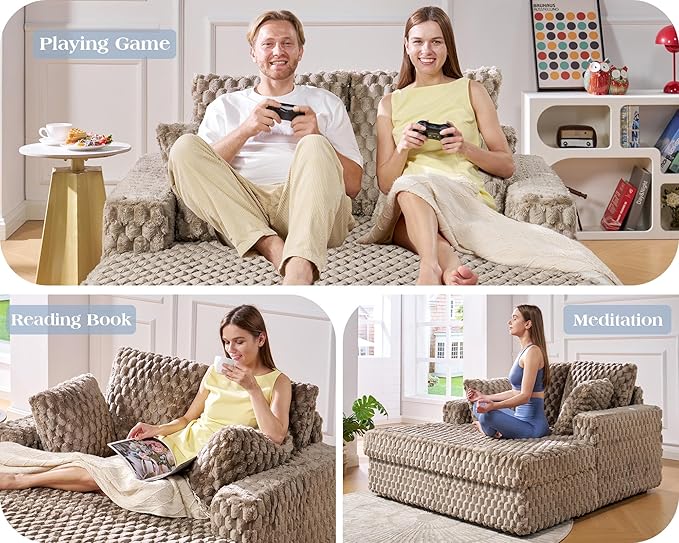 VanAcc 53 Inch Chaise Lounge Indoor, Plush Sleeper Chair with Throw Pillows, Upholstered Sofa Bed with Armrests, Plush Chair Bed for Living Room(Brown)