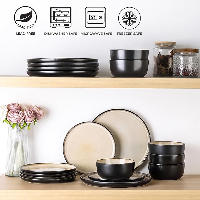 AmorArc Stoneware Dinnerware Sets,Round Reactive Glaze Plates and Bowls Set,Highly Chip and Crack Resistant | Dishwasher & Microwave Safe Dishes Set,Service for 4 (12pc)