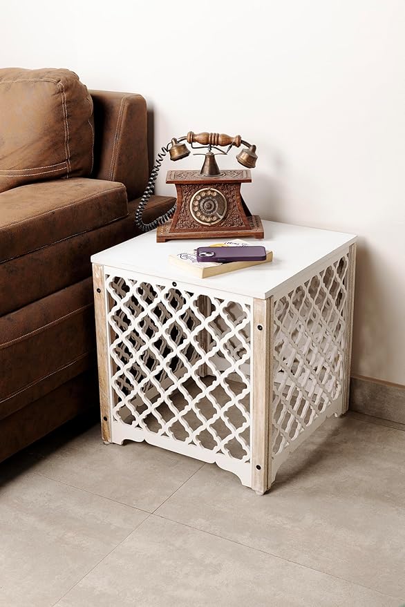 JFY Designs Carved Wooden Square Side Table Decorative Coffee Side Entryway Bedside|Modern Home Decor Table|Accent Table Living Room, Bedroom, Office|Hand Carved Farmhouse Rustic End Table 16-inch