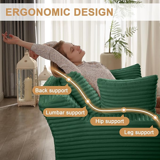 Boneless Couch Sofa Chiar Chaise Lounge Chair Indoor Upholstered Corduroy Couch Cloud Sleeper Sofa Oversized Reading Chair for Living Room No Assembly Required (Green, 50" W x 67" D)