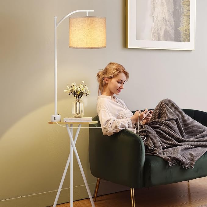 ROTTOGOON Floor Lamp with Table, End Table Lamp with Remote Control and Charging Station(USB & Type-C & AC Port), 4 Color Temperatures, Floor Lamps for Living Room, Bedroom and Home Office,White