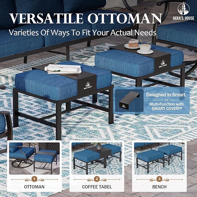HERA'S HOUSE 6 Piece Patio Furniture Set, 2 x Metal Cushioned Chair, 2 x Cushioned Ottoman, 1 x 3-Seat Sofa with Marbling Coffee Table, Outdoor Conversation Set for Lawn Garden Backyard, Pacific Blue