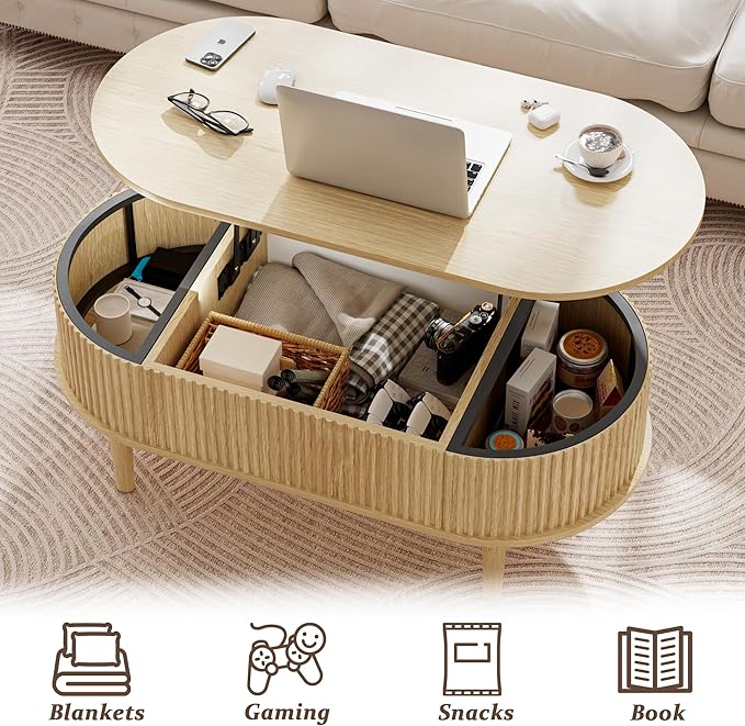 EAG Fluted Lift Top Coffee Table with Hidden Compartment, 39 Inch Modern Oval Coffee Table with 3 Storage, Fully Wooden Assembled Center Table for Living Room, Office, Natural