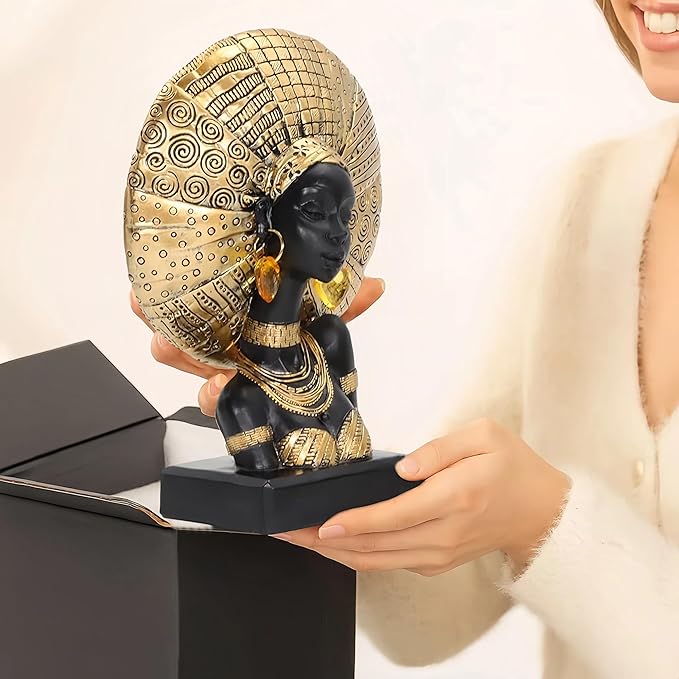 African Lady Bust Statue with Golden Headwrap – Resin Tribal Woman Sculpture for Home Decor, Black and Gold Figurine for Shelf, Table, Office, Living Room, Gifts for Women